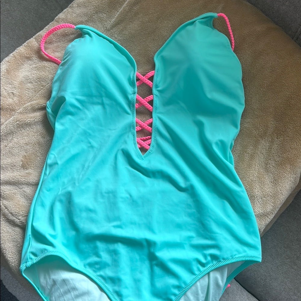 Aqua One-Piece Swimsuit with Pink Accents
